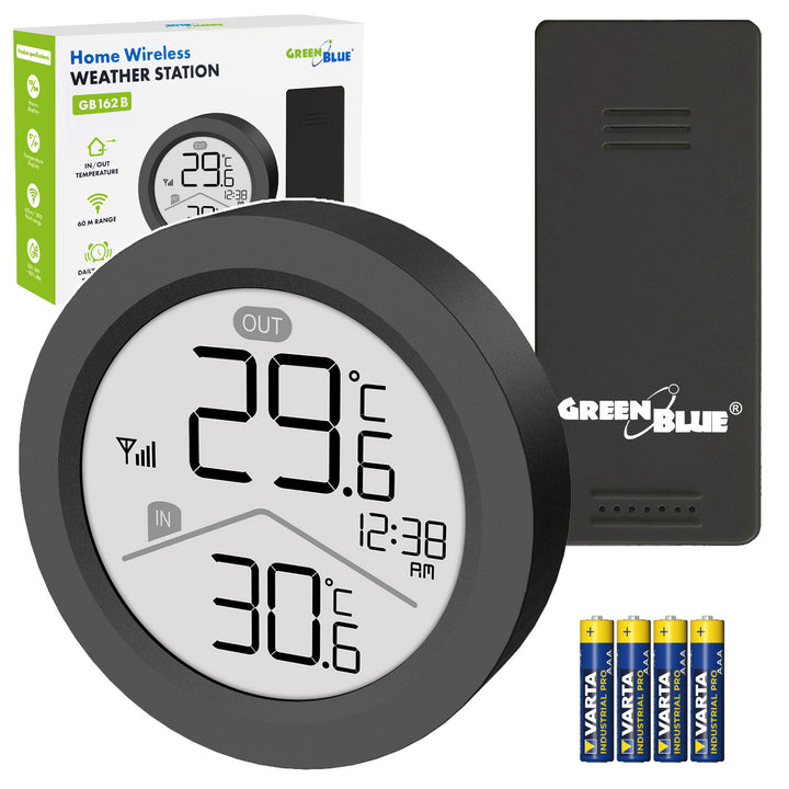 Bezdrátová meteorologická stanice GreenBlue, teplota uvnitř/venku, hodiny, volba °C / °F, dosah až 60 m, černá, GB162 B + 4 ks alkalické baterie AAA Varta Industrial