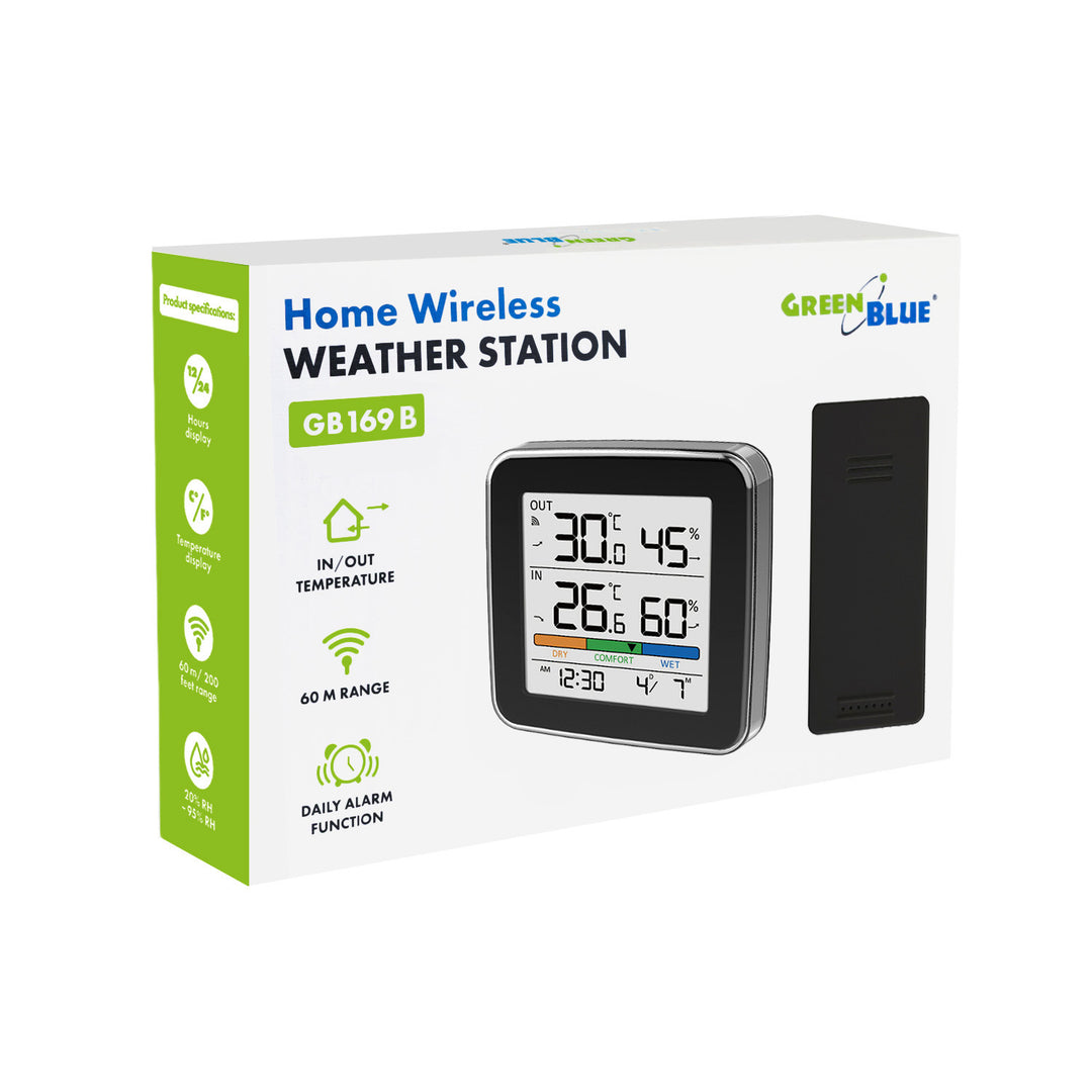 Bezdrátová meteorologická stanice GreenBlue, teplota a vlhkost uvnitř/venku, hodiny, budík a datum, °C / °F, dosah až 60 m, černá, GB169 B + 4 ks alkalické baterie AAA Varta Industrial
