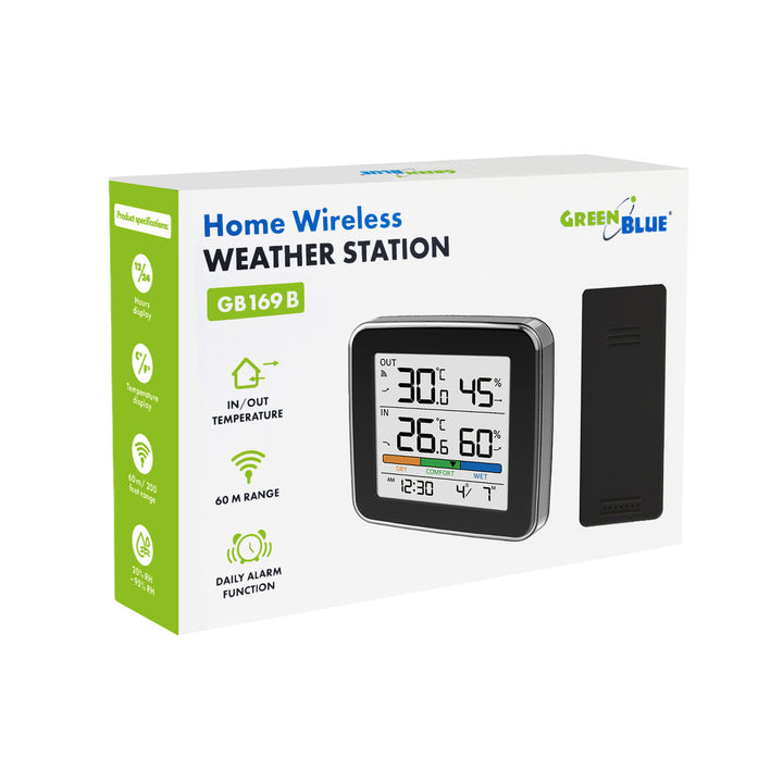 Bezdrátová meteorologická stanice GreenBlue, teplota a vlhkost uvnitř/venku, hodiny, budík a datum, °C / °F, dosah až 60 m, černá, GB169 B + 4 ks alkalické baterie AAA Varta Industrial