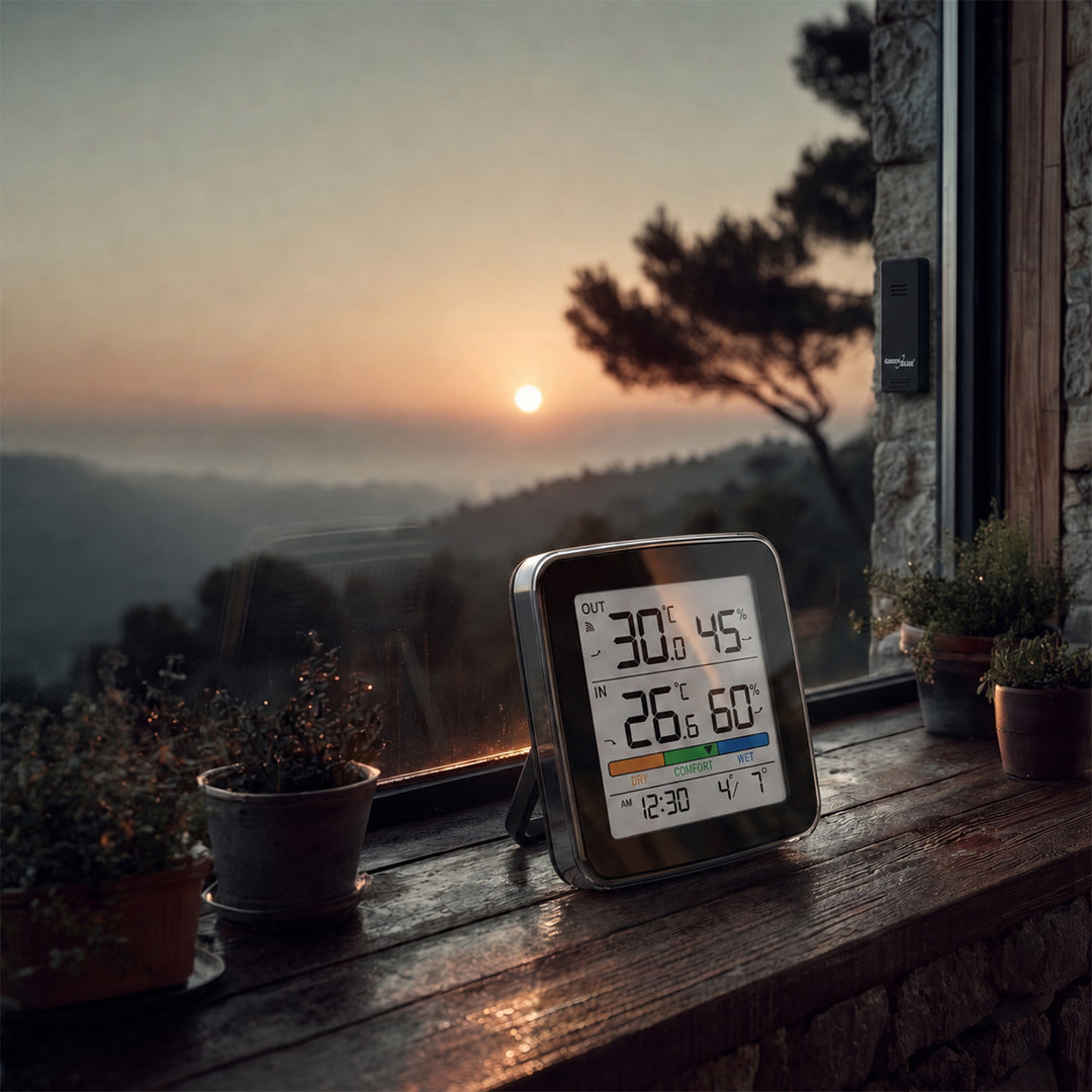 Bezdrátová meteorologická stanice GreenBlue, teplota a vlhkost uvnitř/venku, hodiny, budík a datum, °C / °F, dosah až 60 m, černá, GB169 B + 4 ks alkalické baterie AAA Varta Industrial