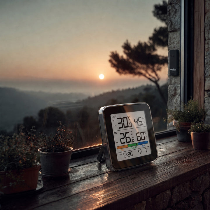 Bezdrátová meteorologická stanice GreenBlue, teplota a vlhkost uvnitř/venku, hodiny, budík a datum, °C / °F, dosah až 60 m, černá, GB169 B + 4 ks alkalické baterie AAA Varta Industrial