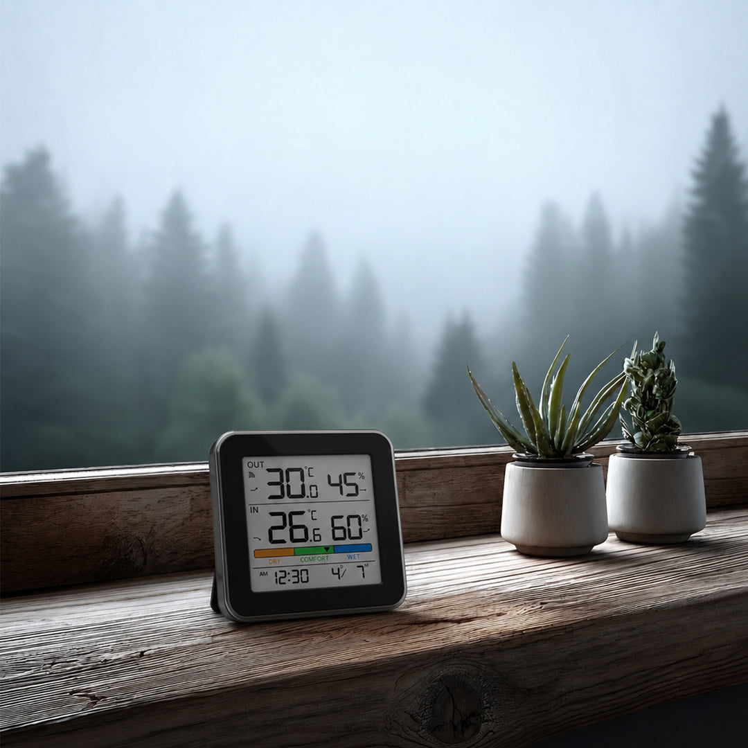 Bezdrátová meteorologická stanice GreenBlue, teplota a vlhkost uvnitř/venku, hodiny, budík a datum, °C / °F, dosah až 60 m, černá, GB169 B + 4 ks alkalické baterie AAA Varta Industrial