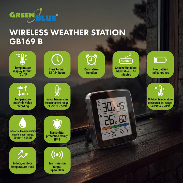 Bezdrátová meteorologická stanice GreenBlue, teplota a vlhkost uvnitř/venku, hodiny, budík a datum, °C / °F, dosah až 60 m, černá, GB169 B + 4 ks alkalické baterie AAA Varta Industrial