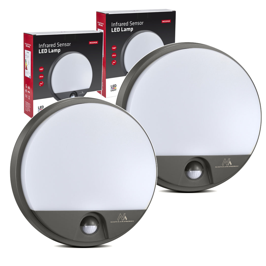 LED svítidlo s pohybovým čidlem Maclean, PIR čidlo, šedá barva, 15 W, IP54, 1100 lm, neutrální barva světla, MCE291 W, 2 kusy