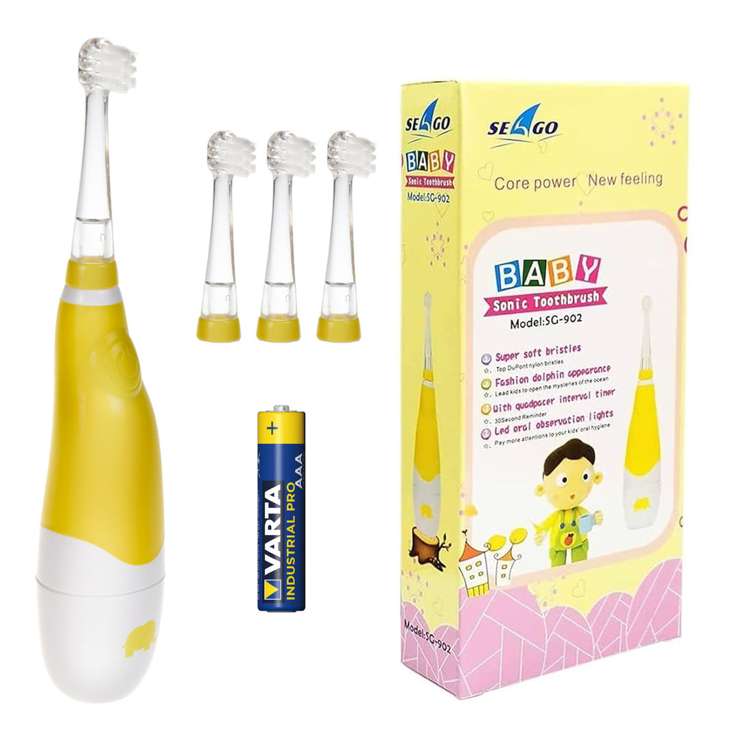 Dětský sonický zubní kartáček SEAGO, žlutý, 4 nástavce, SG-902 Yellow + alkalická baterie AAA Varta Industrial