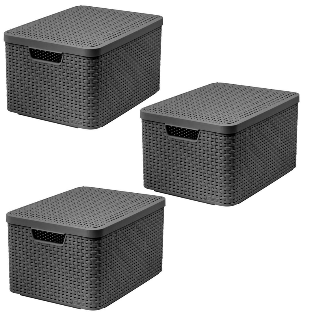 Košík Curver, univerzální, s víkem, šedý, Rattan Style L, 3 kusy