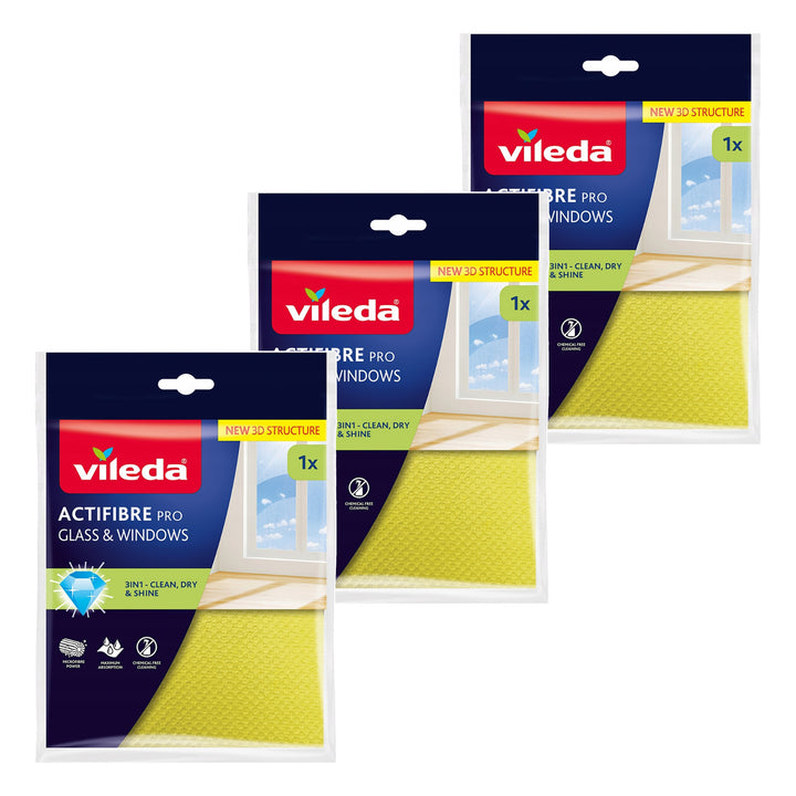 Utěrka Vileda Actifibre Pro na sklo a okna, lze prát v pračce, povrchová úprava PVA, bez šmouh a skvrn, čistí pouze vodou, 183298, 3 kusy
