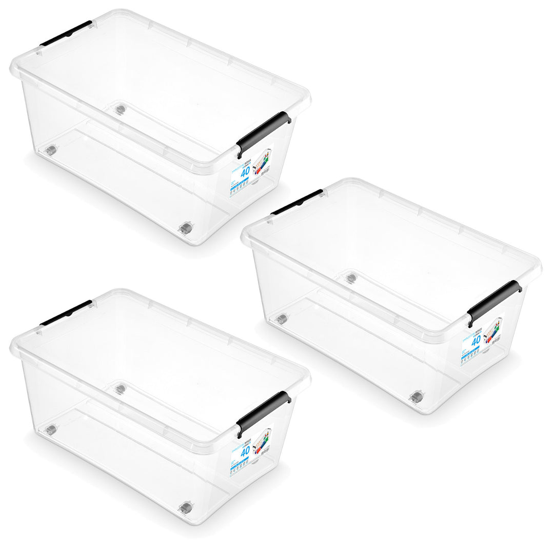 Kontejner Moxom SimpleStore, objem 40 l, průhledný, víko s klipy, s kolečky, bez BPA, 04-0076, 3 kusy