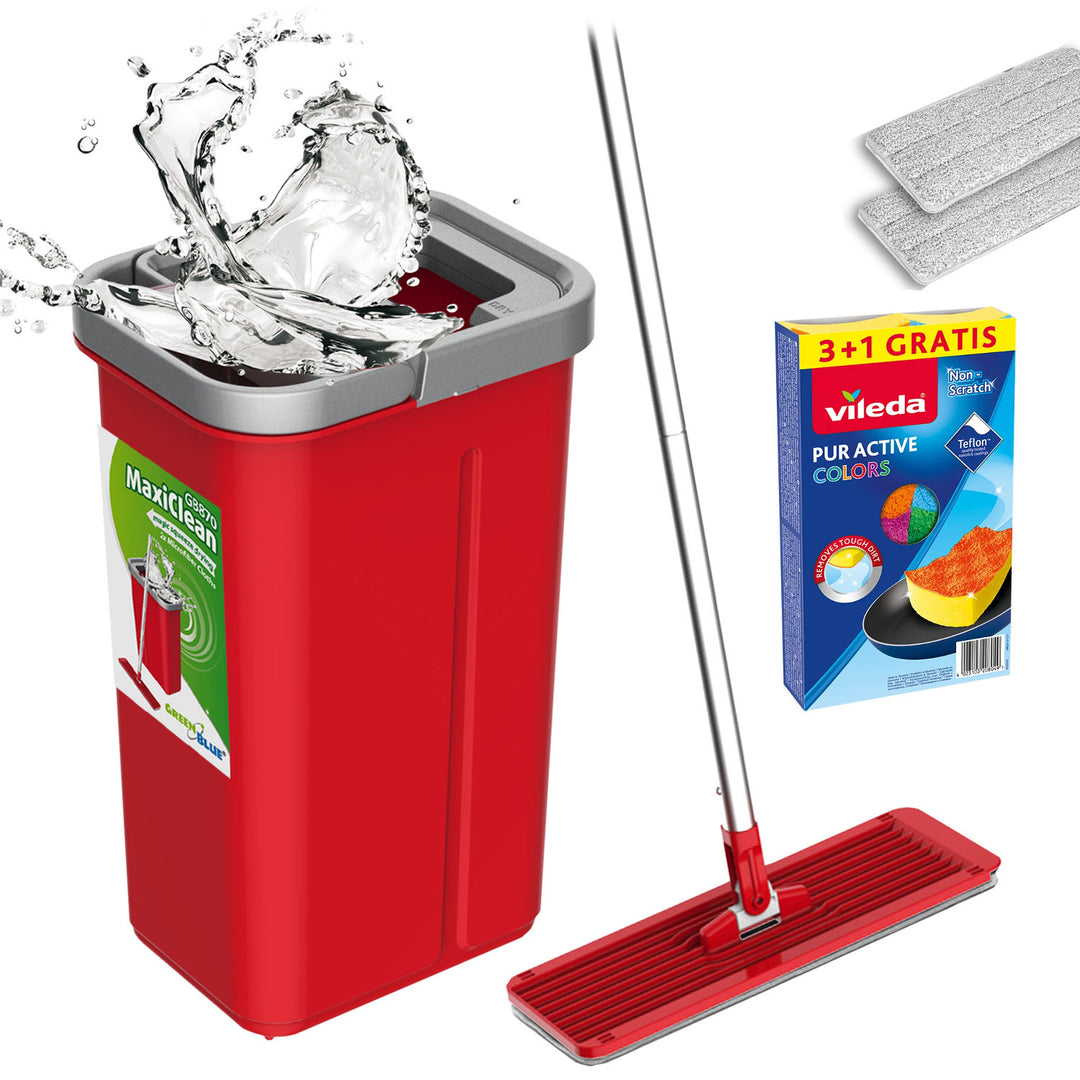 Plochý mop s kbelíkem a ždímačem GreenBlue, dvě náplně z mikrovlákna HQ, objem 5,7 l, MaxiClean GB870 + 4 houbičky Vileda Pur Active Colors