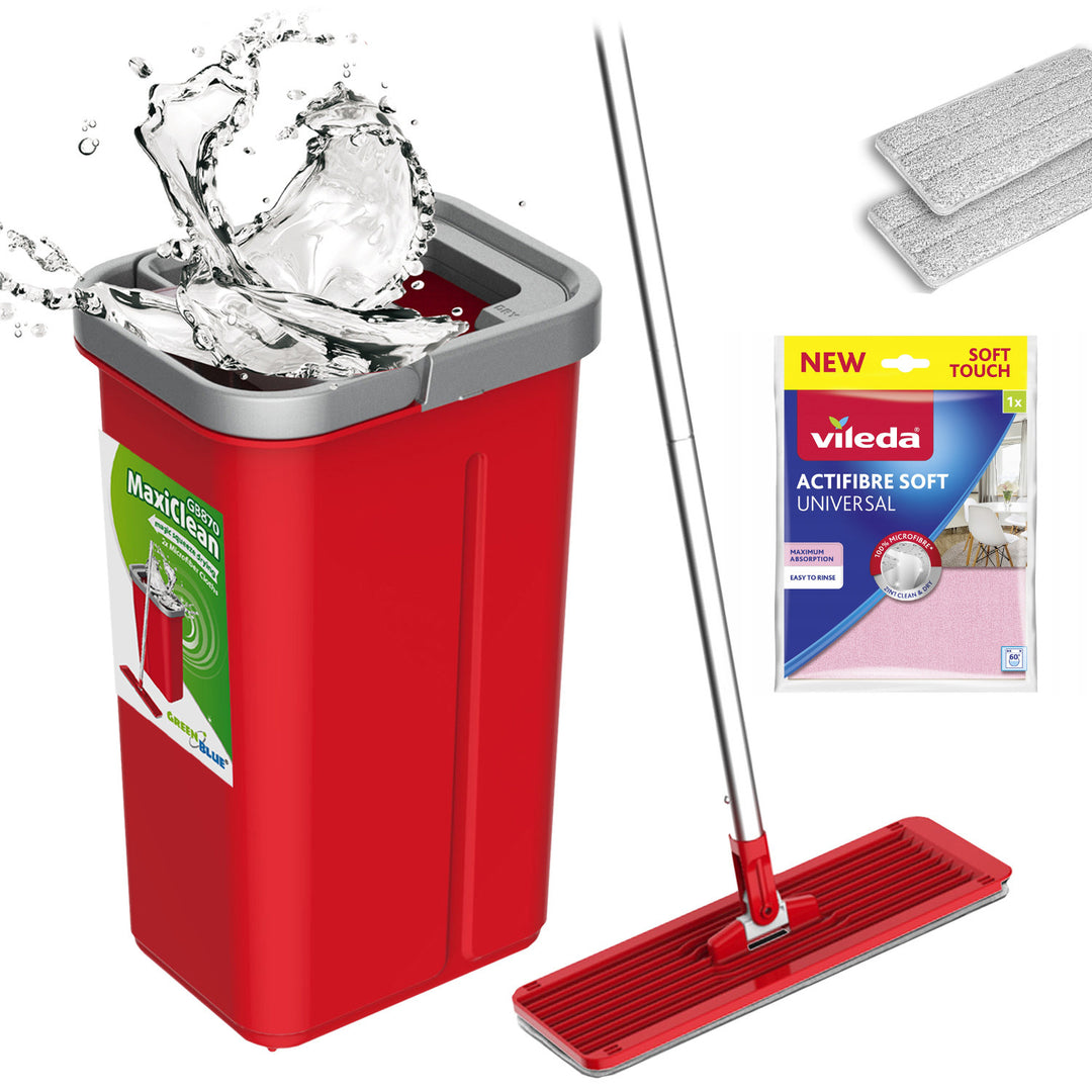 Plochý mop s kbelíkem a ždímačem GreenBlue, dvě náplně z mikrovlákna HQ, objem 5,7 l, MaxiClean GB870 + utěrka Vileda Actifibre Soft