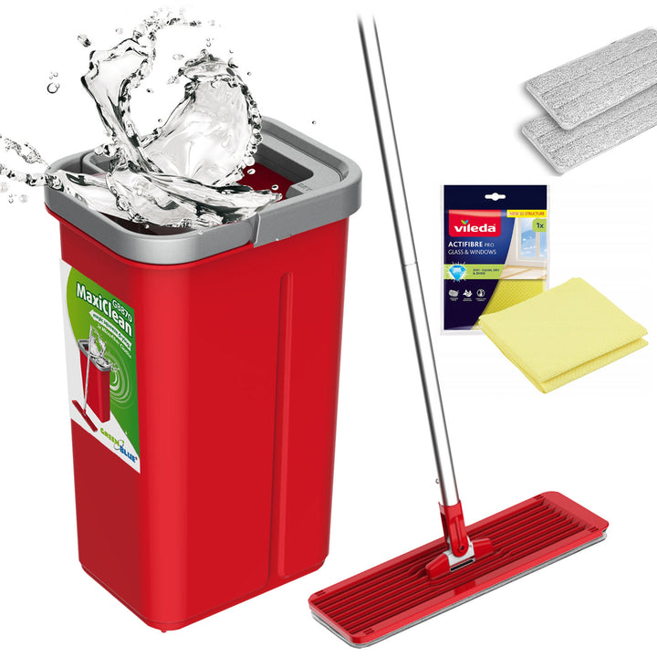 Plochý mop s kbelíkem a žmačkovačem GreenBlue, dvě náplně z mikrovlákna HQ, objem 5,7 l, MaxiClean GB870 + utěrka Vileda Actifibre Pro