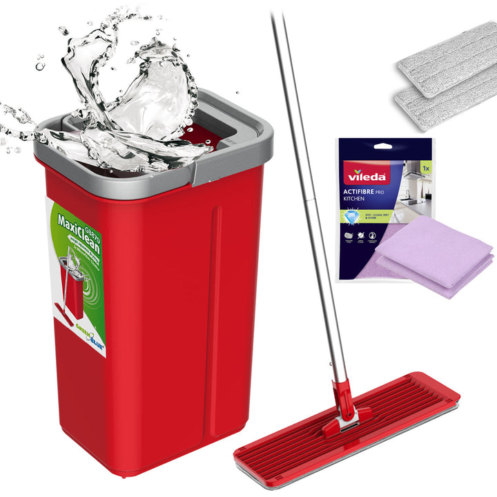 Plochý mop s kbelíkem a žmačkovačem GreenBlue, dvě náplně z mikrovlákna HQ, objem 5,7 l, MaxiClean GB870 + utěrka Vileda Actifibre Pro