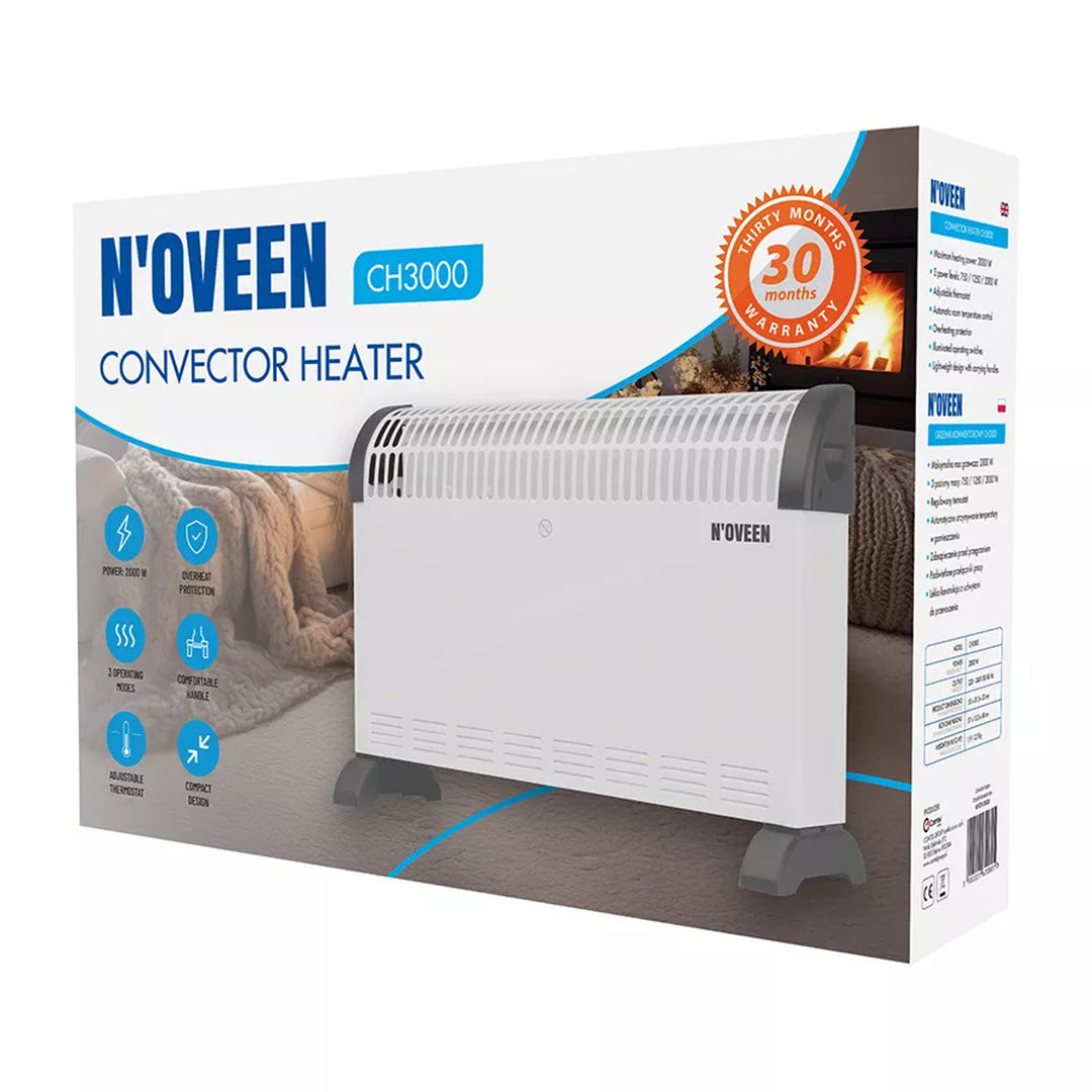 Elektrický konvektorový radiátor, 2000 W, s termostatem, bílý, Noveen