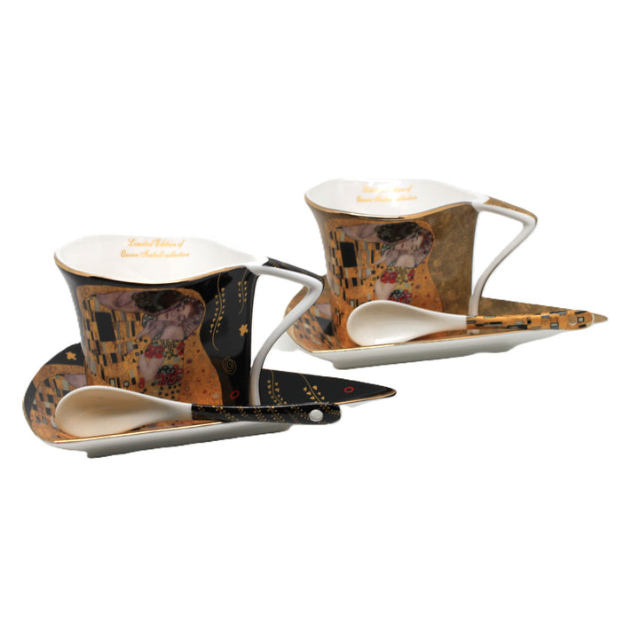 Porcelánové šálky Klimt Polibek 2x180 ml s lžičkami, Queen Isabell