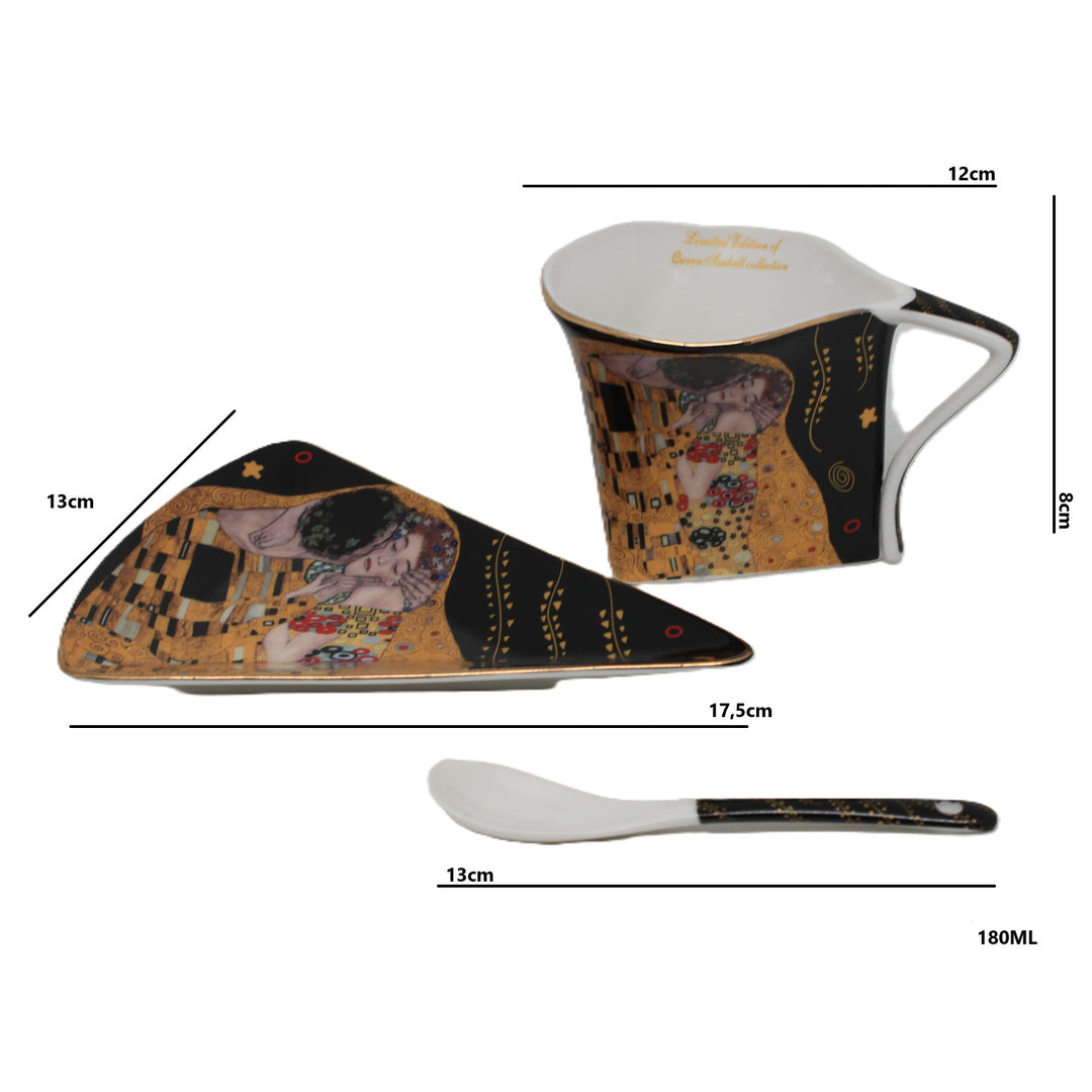 Porcelánové šálky Klimt Polibek 2x180 ml s lžičkami, Queen Isabell