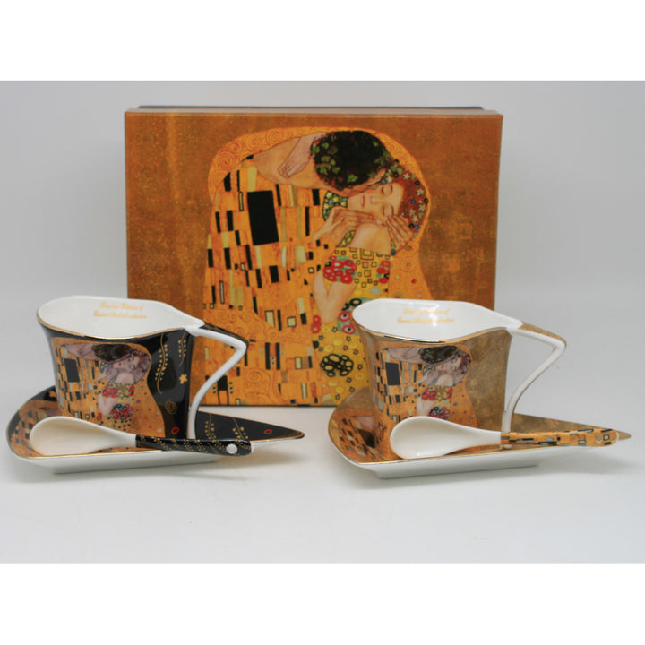 Porcelánové šálky Klimt Polibek 2x180 ml s lžičkami, Queen Isabell