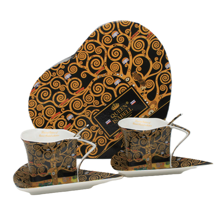 Porcelánové šálky Klimt Strom života, 2 ks po 180 ml, s lžičkami, Queen Isabell