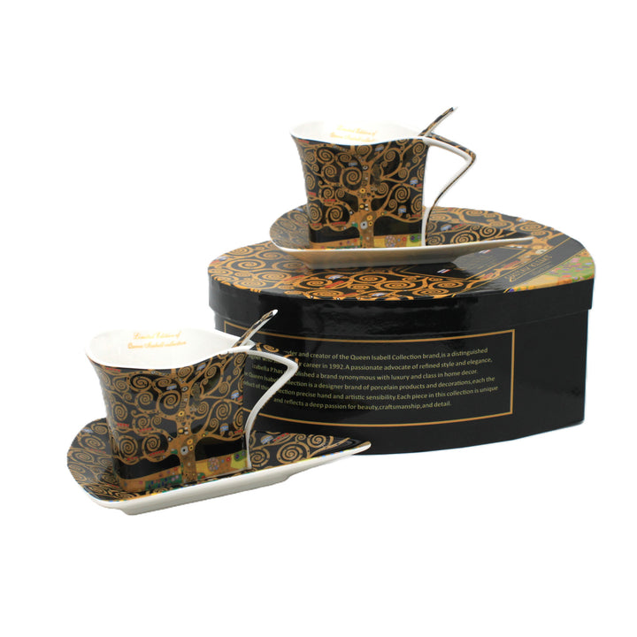 Porcelánové šálky Klimt Strom života, 2 ks po 180 ml, s lžičkami, Queen Isabell