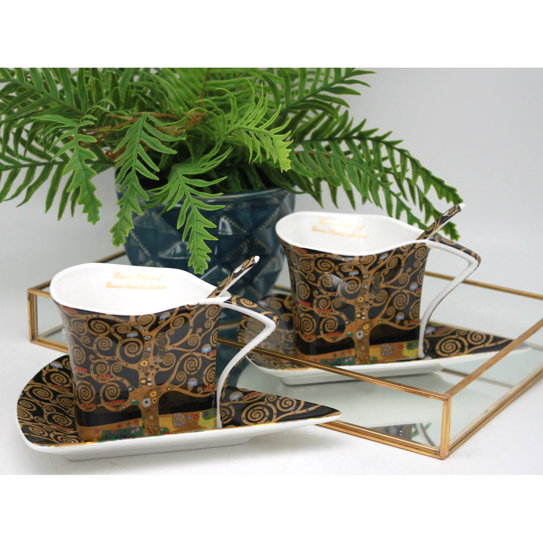 Porcelánové šálky Klimt Strom života, 2 ks po 180 ml, s lžičkami, Queen Isabell