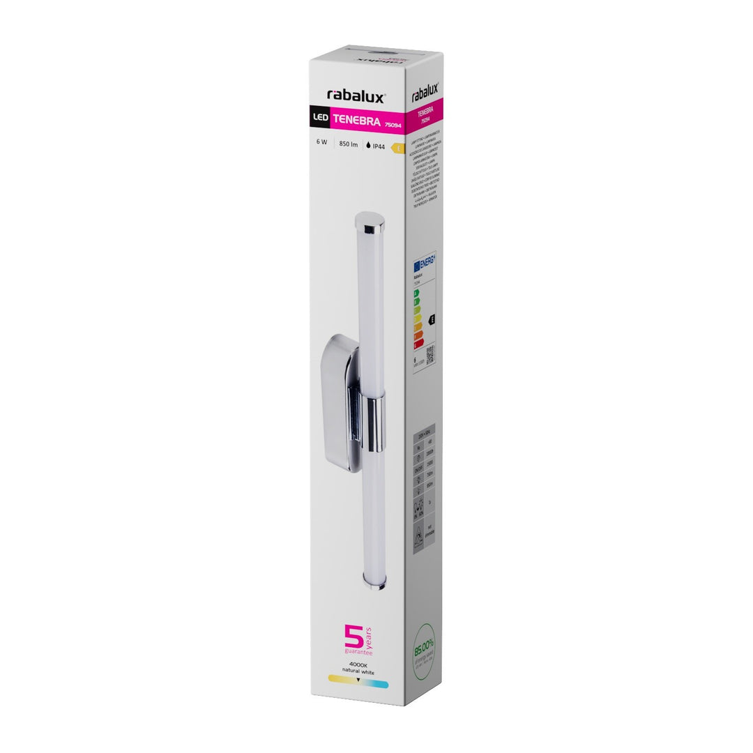 Interiérová nástěnná lampa Tenebra, LED 6 W, 730 lm, 4000 K, délka 40 cm, IP44, chrom, 75094