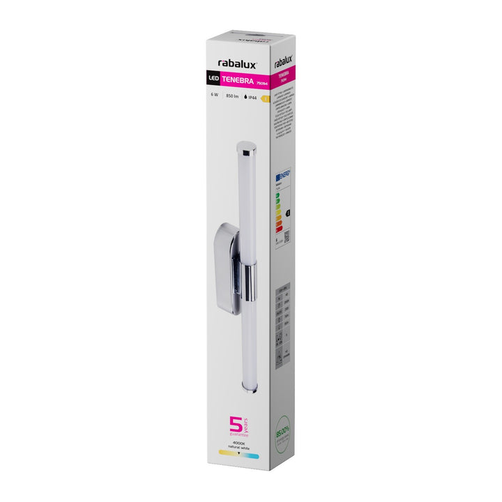 Interiérová nástěnná lampa Tenebra, LED 6 W, 730 lm, 4000 K, délka 40 cm, IP44, chrom, 75094