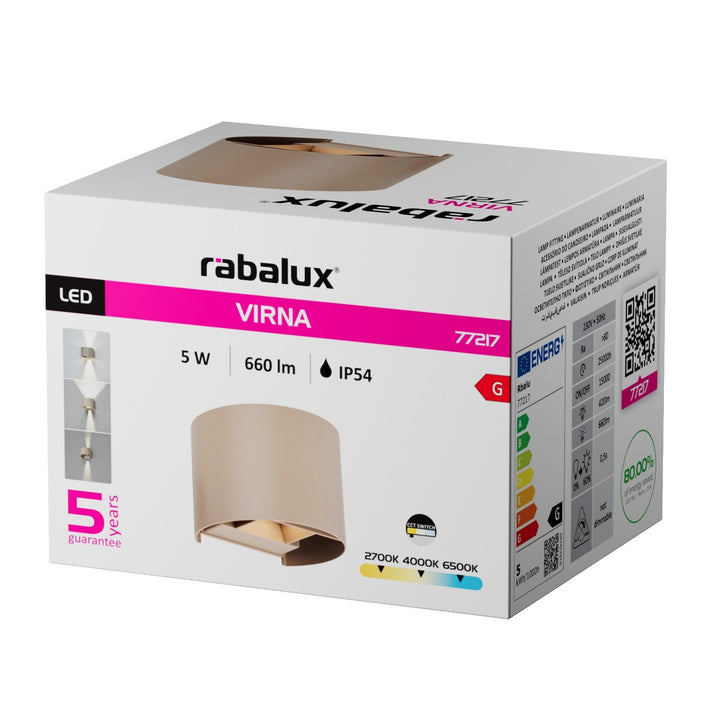 Venkovní nástěnné svítidlo, Virna, LED 5 W, 420 lm, barevná teplota 2700, 4000, 6500 K, IP54, šedá-béžová, 77217