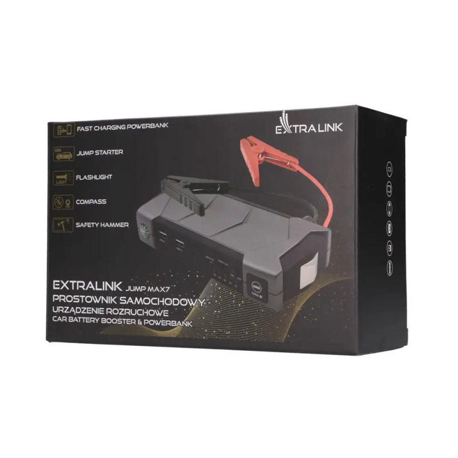 Startovací zdroj Extralink Jump Max7, kapacita 10 000 mAh, 3x LED, svítilna, kompas, kladívko, startovací proud 400 A, špičkový proud 1 000 A