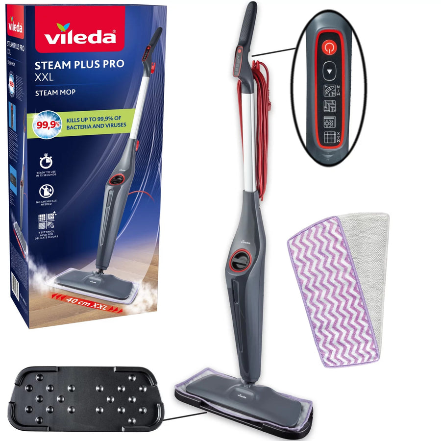 Parní mop Vileda Steam Plus XXL Pro, ničí 99,9 % bakterií, ideální pro velké plochy, pro všechny typy podlah, 180835
