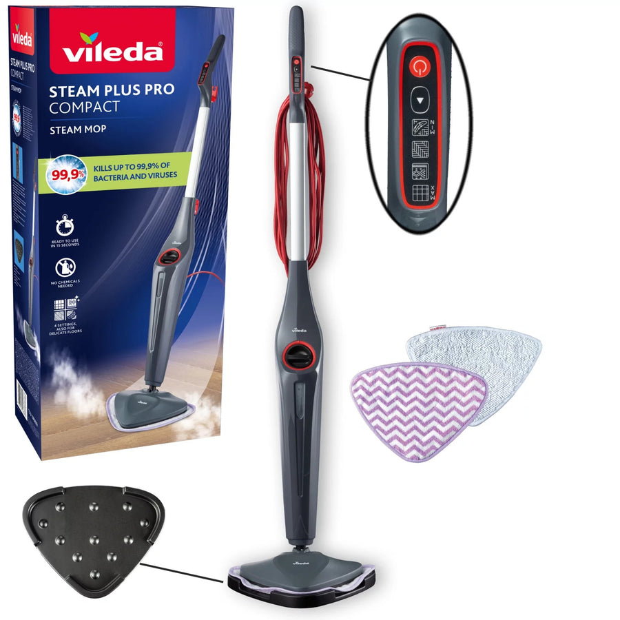Parní mop Vileda Steam Plus Pro, ničí 99,9 % bakterií, rychle se zahřívá, vhodný pro všechny typy podlah, 180839