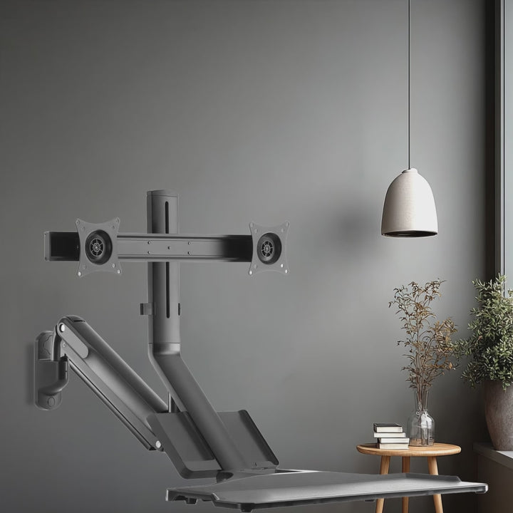 Nástěnný držák pro dva monitory 17"~ 27" a klávesnici Maclean plynová pružina MC-633 pro práci vsedě i vestoje