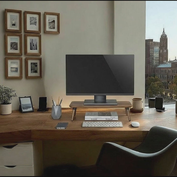 Dřevěný stojan pro monitor / notebook Maclean, (500x240x120mm), barva černý ořech, max. 20 kg, MC-930