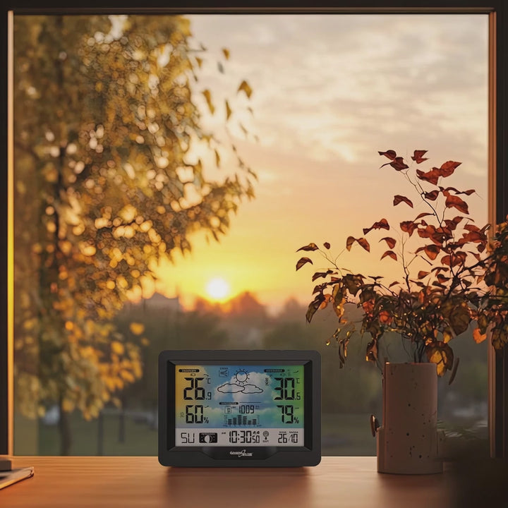 Bezdrátová meteostanice GreenBlue, barevná, s DCF, fázemi měsíce, barometrem, kalendářem, napájecí zdroj, GB540N