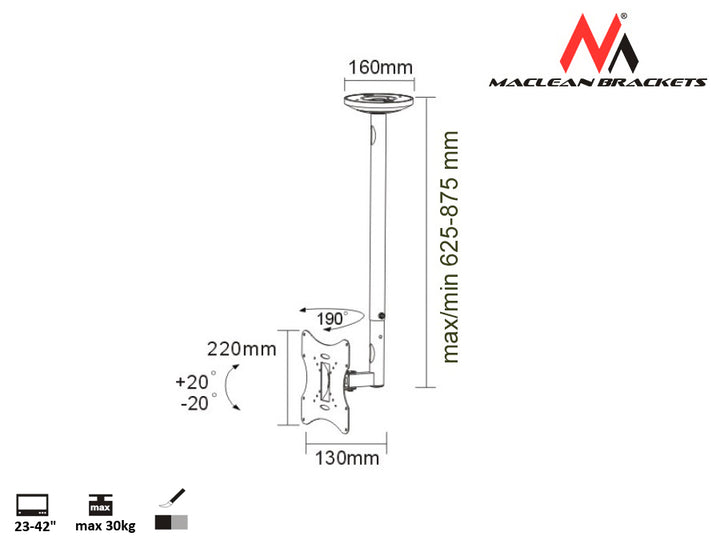 Stropní držák TV 22-42'' 30kg stříbrný  Maclean MC-504A S