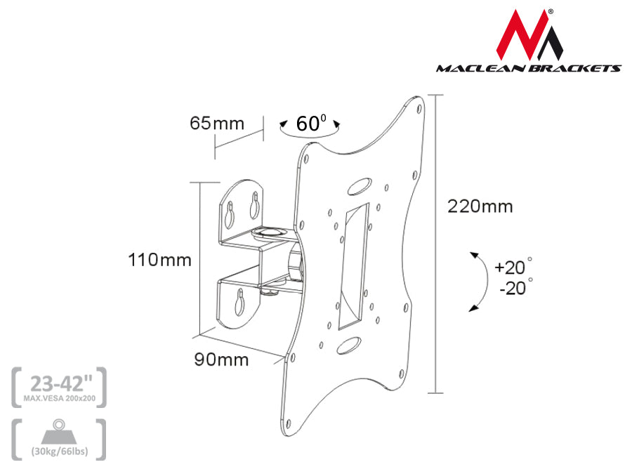 Držák pro TV nebo monitor 23-42'' 30kg univerzální Maclean MC-501A S stříbrná vesa 200x200