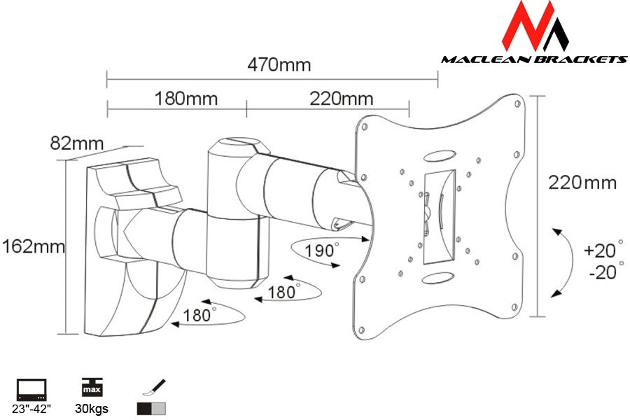Věšák pro televizor nebo monitor 23-42" 30kg universální Maclean MC-503A stříbrný max vesa 200x200