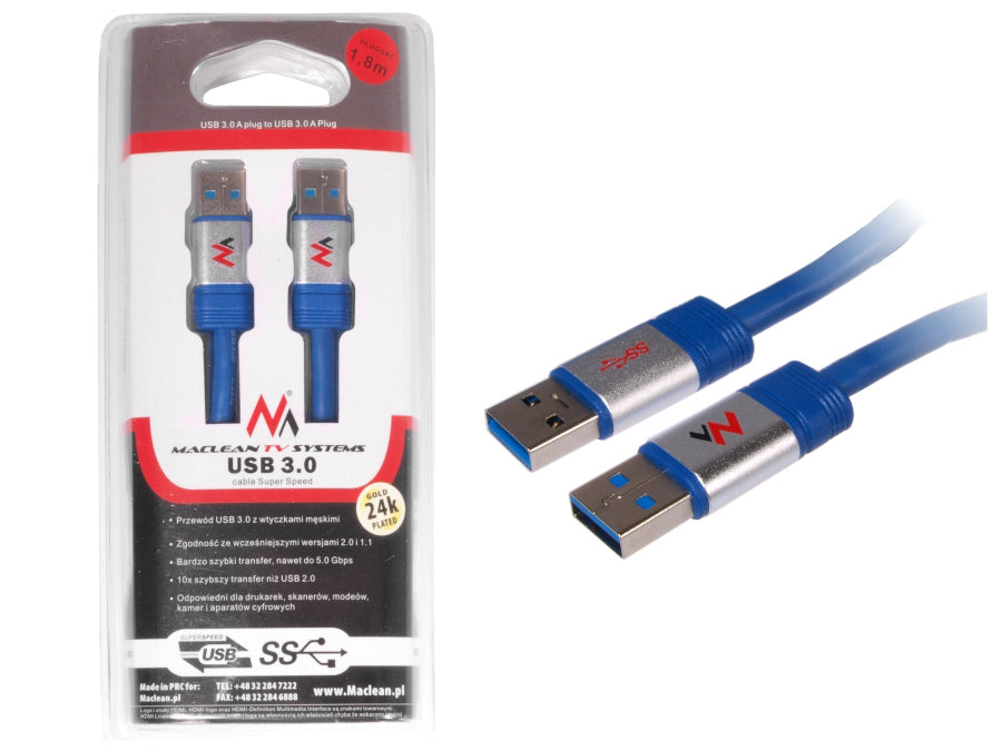 Prodlužovací kabel zakončený konektory typ A USB 3.0 AM - AM 1.8m Maclean MCTV-606