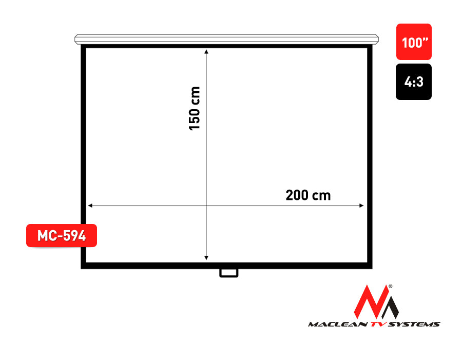 Promítací plátno 100'' 4:3 200x150  matná bílá na zeď nebo strop Maclean MC-594