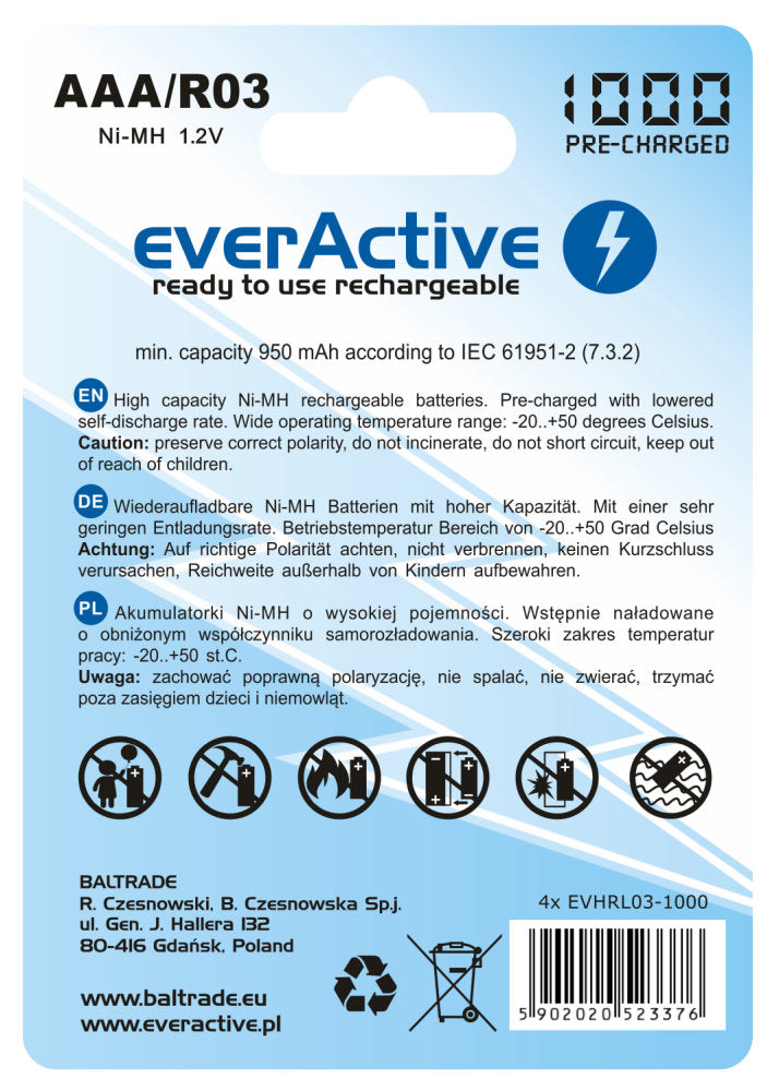 R03 / AAA everActive nabíjecí baterie Ni-MH EverActive R03 4 ks