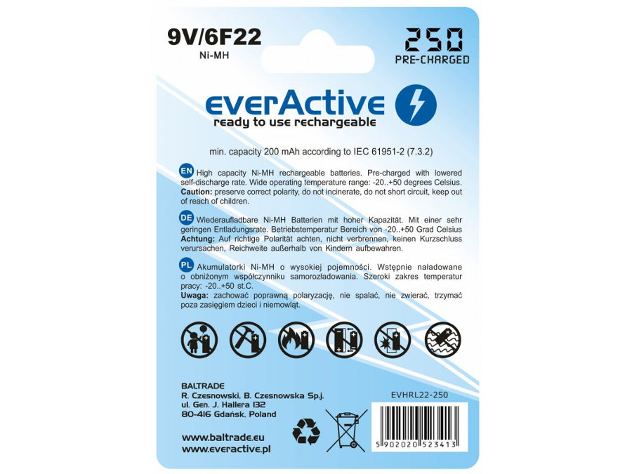 Baterie EverActive Ni-MH 9V 6F22 250mAh Silver Line