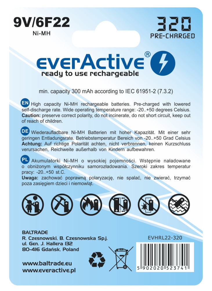 Baterie EverActive 6F22 / 9V Ni-MH 320 mAh připravená k použití