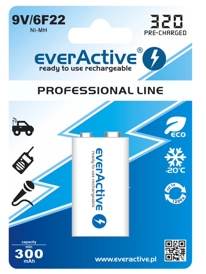 Baterie EverActive 6F22 / 9V Ni-MH 320 mAh připravená k použití