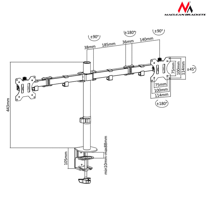 Dvojitý držák pro LCD monitory Maclean MC-754 13''-32'' max 8 kg VESA 75x75 a 100x100