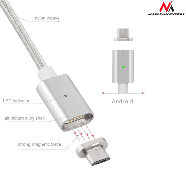 Magnetický micro USB kabel stříbrný Maclean MCE160