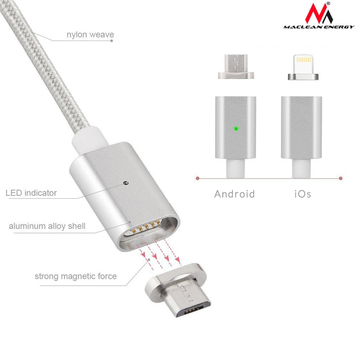Magnetický micro USB kabel stříbrný Maclean MCE160