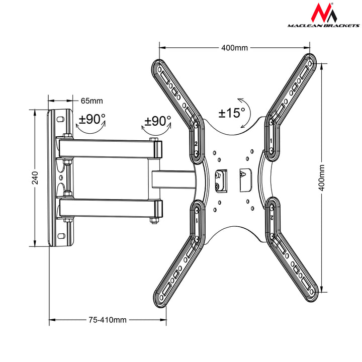 Věšák pro televizor nebo monitor 13-55" 30kg universální Maclean MC-759 černý max vesa 400x400