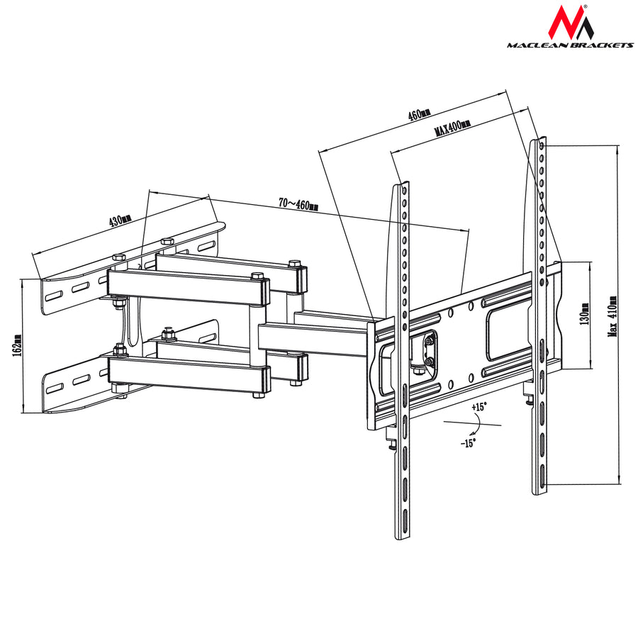 Držák Maclean pro TV nebo monitor, univerzální, max. VESA 400x400, 26-65", 30 kg, černý, MC-760