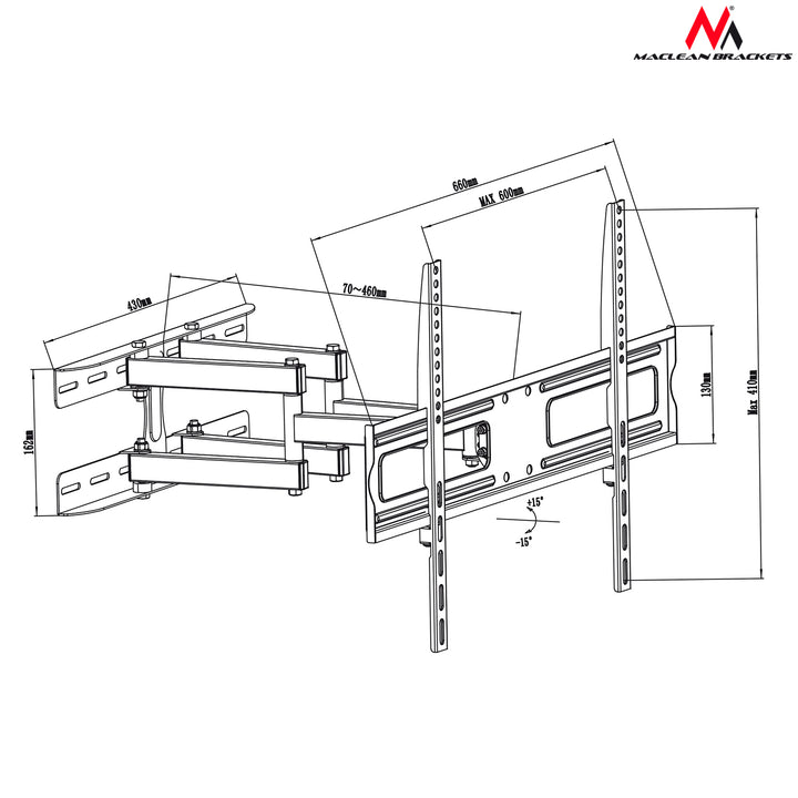 Držák pro televizor nebo monitor 37-70" 30kg universální Maclean MC-762 černý max vesa 600x400