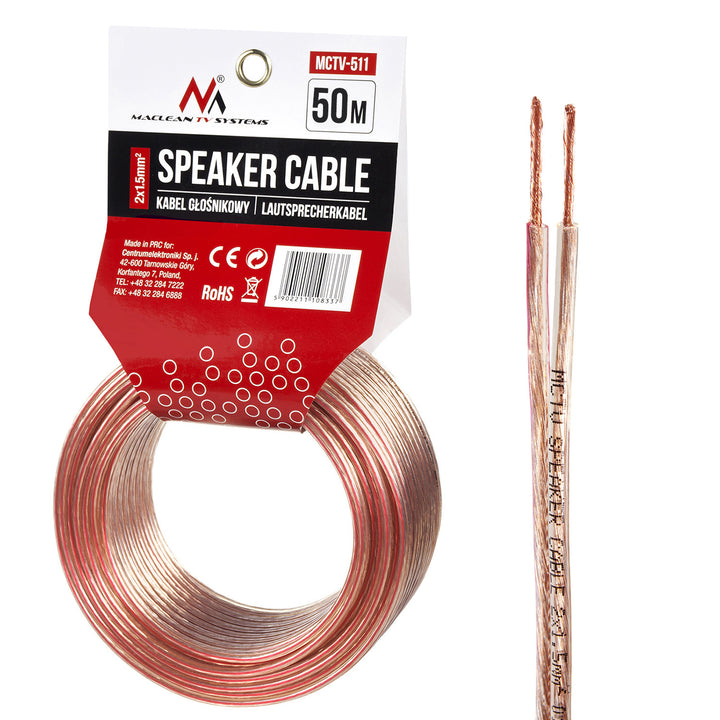 Reproduktorový kabel Maclean MCTV-511 2 * 1,5mm2 / 48 * 0.20CCA 3,5 * 7,0mm CLEAR PVC 50m