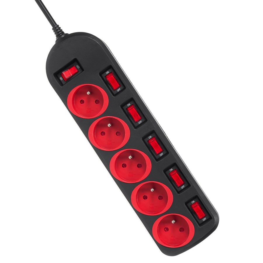 Napájecí lišta Maclean, prodlužovací kabel s 5 zásuvkami, s vypínači, 250VAC/10A, 1,5 m, MCE204