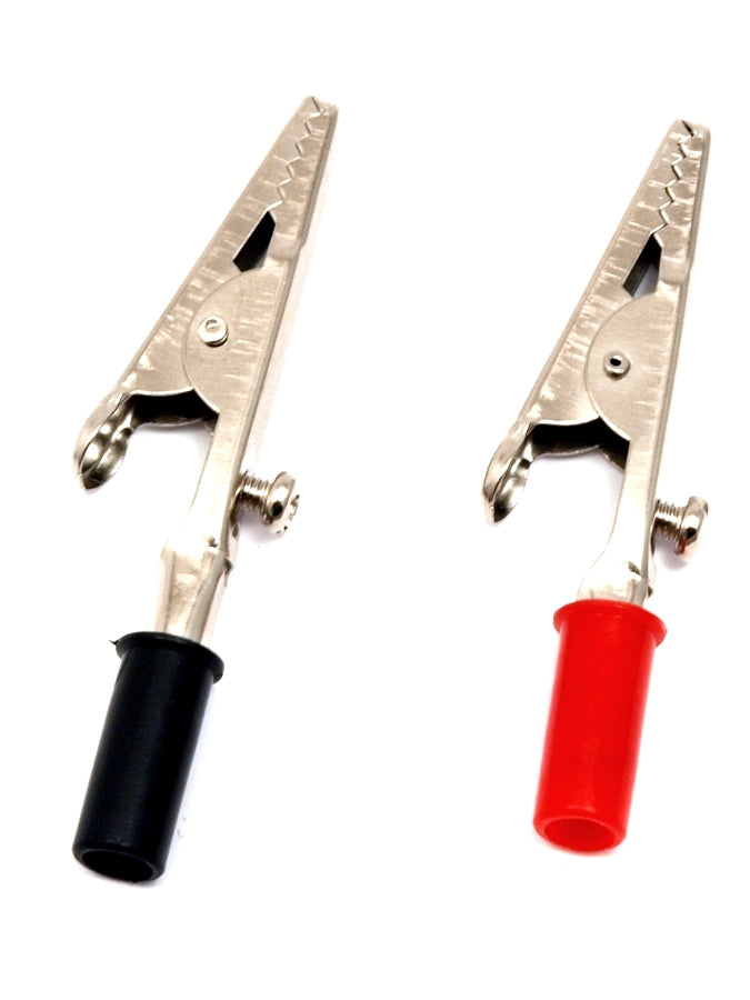 Krokodýlový klip s červenou a černou banánovou zásuvkou. Sada obsahuje 2 černé a červené krokodílkové spony